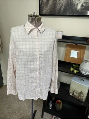 Eddie Bauer Light Pink Plaid Button-Down Linen  Shirt